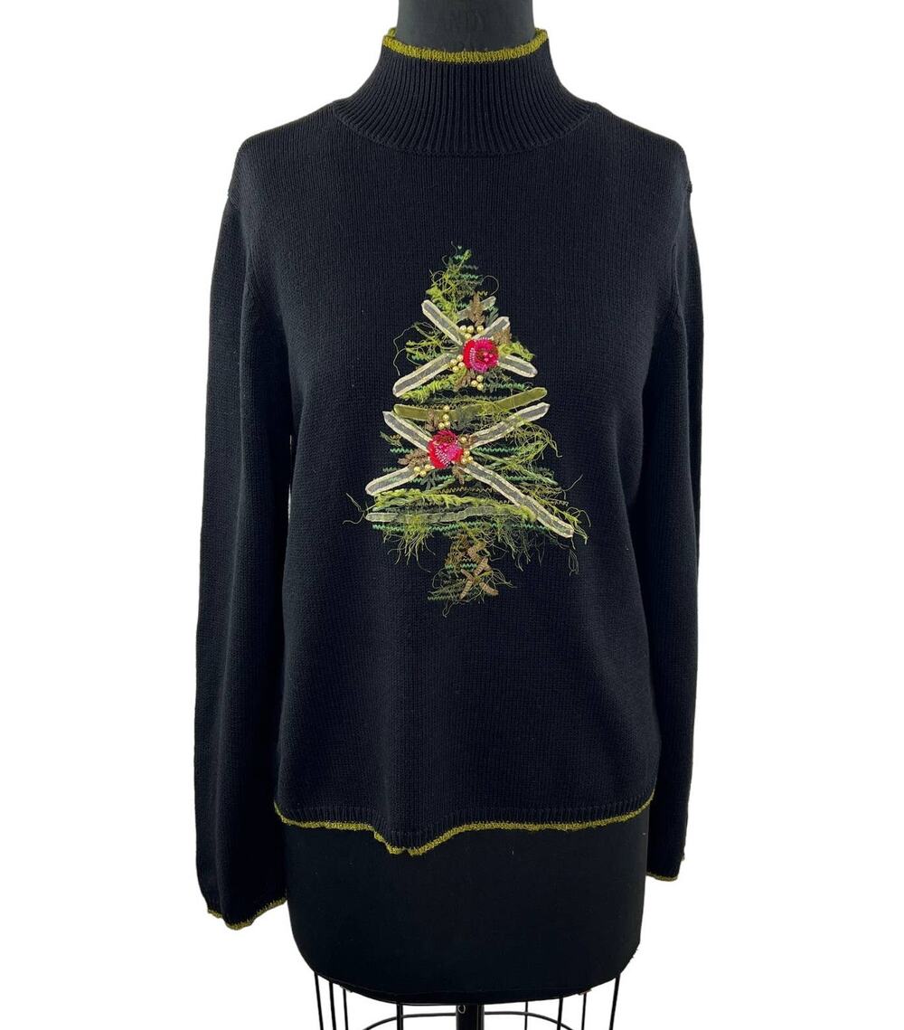 VINTAGE Talbots Black Cotton Blend Beaded Embellished Christmas Tree Sweater L